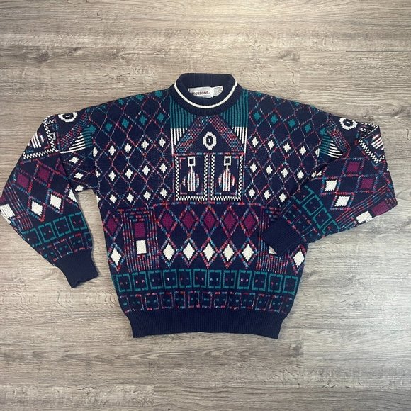 McGregor Other - Vintage 80s McGregor Navy Teal Purple White Geometric Knit MockNeck Sweater Sz L